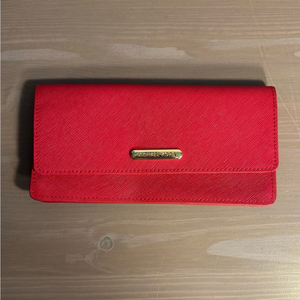 $125 MICHAEL KORS CHECKBOOK CASH WALLET CASE RED